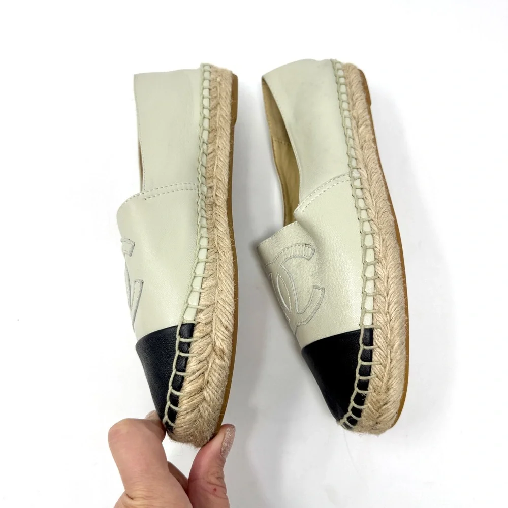 CHANEL Women's Black and Cream CC Logo Espadrilles Lambskin Leather